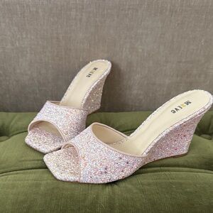 Anthropologie Maeve Sparkling Pink Glitter Wedges